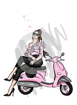 Beautiful girl and a cool motorcycle. Biker. Stylish woman. Fashion and style, clothes and accessories.