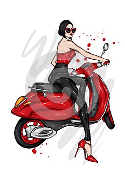 Beautiful girl on a cool motorcycle. Biker. Stylish woman in glasses and high heel shoes. Fashion and style.