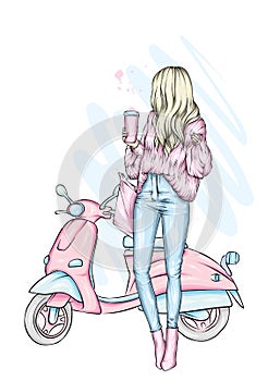 Beautiful girl on a cool motorcycle. Biker. Stylish woman in glasses and high heel shoes. Fashion and style.
