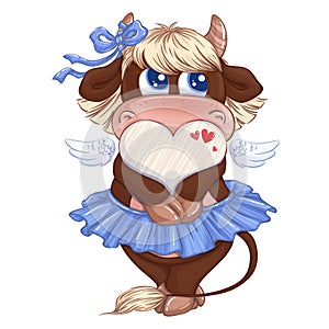 A beautiful girl cow in a blue skirt holds a frame in the shape of a heart