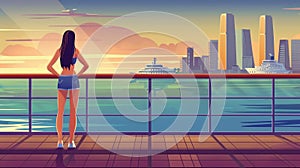 Beautiful girl on cruise ship deck with cartoon landscape of sea and lake and city buildings on horizon. Modern parallax