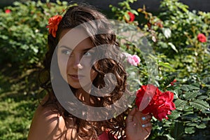 Beautiful girl with curls next to red roses in the garden