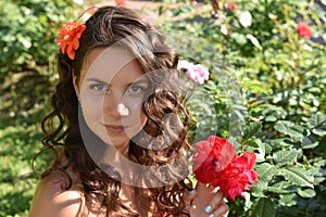 Beautiful girl with curls next to red roses in the garden