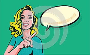 Beautiful girl with curly blond hair pointing to the speech bubble which implies some sale or discount deal. Pop art woman adverti