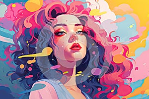 Beautiful girl with curly hair and bright makeup. Vector illustration, Whimsical Post-Impressionist Illustration in Flat Style