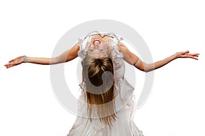 Beautiful girl dancing belly dance on white background