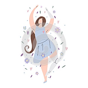 Beautiful girl dancing in flowers with prosthetic arm and leg. Modern flat illustration of a strong self sufficient woman. Self