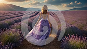 Beautiful girl a dress in a lavender field nature walking