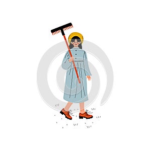 Beautiful Girl Dressed in Dress and Hat Standing with Rakes, Young Woman Working in Garden or Farm Vector Illustration