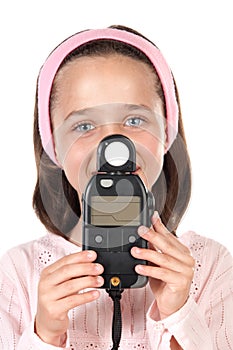 Beautiful girl dressed in pink with photometers