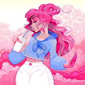 Beautiful girl is drinking by a straw in a pink atmosphere