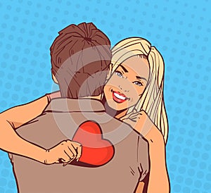 Beautiful Girl Embrace Man Holding Red Heart Happy Smiling Over Comic Pop Art Background Valentines Day Holiday Concept