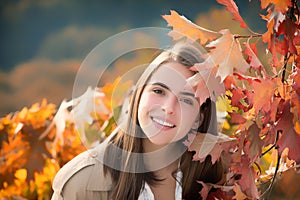 Beautiful girl enjoying autumn. Portrait of beautiful young woman walking outdoors in autumn. Young woman and autumn
