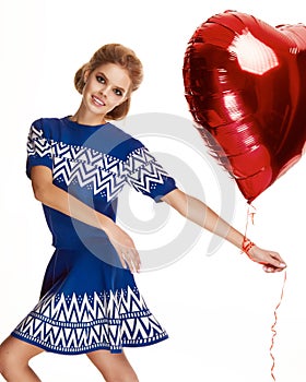 Beautiful girl in evening dress baloon red heart Valentine`s day