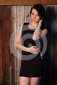 Beautiful girl in evening dress, the model poses against a wooden wall,