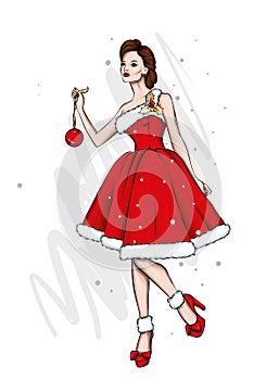 Beautiful girl in evening dress. New Year and Christmas, Christmas tree and gifts. Vector illustration for a postcard or a poster.