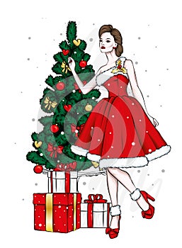 Beautiful girl in evening dress. New Year and Christmas, Christmas tree and gifts. Vector illustration for a postcard or a poster.