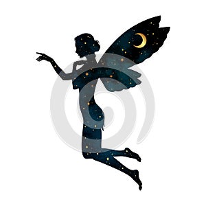 Beautiful girl fairy silhouette with crescent moon and stars in profile isolated. Boho chic tattoo, sticker or print design vector