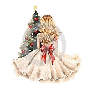 Beautiful Girl in fancy dress in front of the Christmas tree, view from behind. Watercolor illustration in vintage style