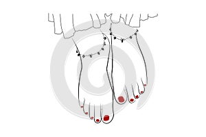 Beautiful girl feet with skirt, anklets and red nails line drawing isolated on white background - vector