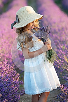 Beautiful girl in a field with lavender.