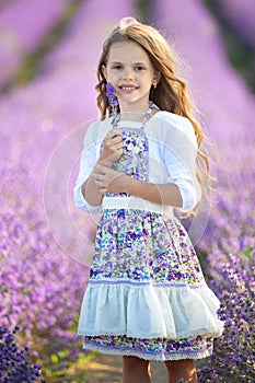 Beautiful girl in a field with lavender.