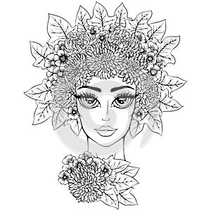 Beautiful girl in flower wreath line art