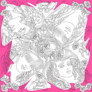Beautiful girl with flowers. Scarf pattern design. Bandana. Outline Vector.