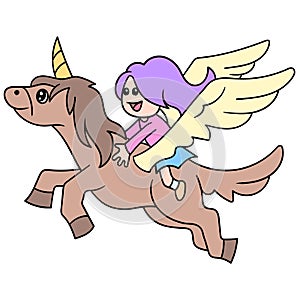 Beautiful girl flying on a winged horse, doodle icon image kawaii