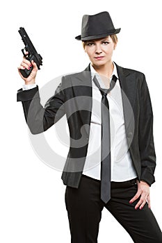 Beautiful girl gangster holding a gun. Classic