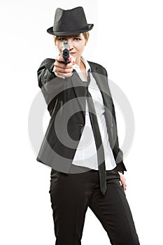Beautiful girl gangster holding a gun. Classic