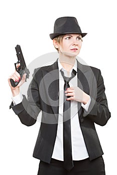 Beautiful girl gangster holding a gun. Classic