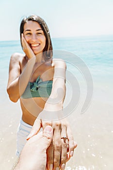 Beautiful Girl Is Getting Engaged In Wedding Proposal On Beach