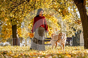 Beautiful girl with golden retriever dog in autumn park