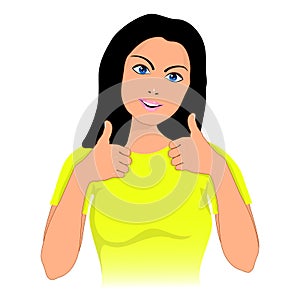 Beautiful girl in a good mood gives thumbs up. isolated vector illustration