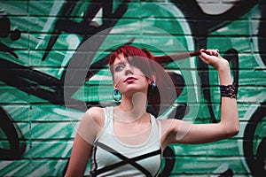 Beautiful girl and graffity wall photo