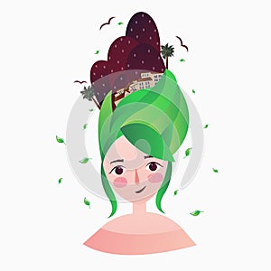 A beautiful girl with green hair and woman hair style dreaming thinking imagination house star night