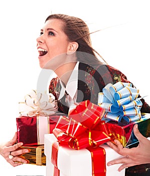 Beautiful girl with group of gift box.