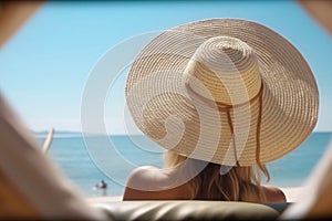 A beautiful girl in a hammock against the backdrop of the sea or ocean, ,beach. View from the back. Summer vacation concept.