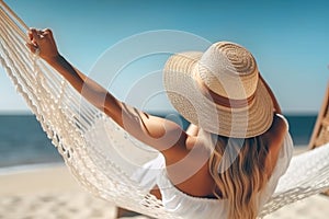 A beautiful girl in a hammock against the backdrop of the sea or ocean, beach. View from the back. Summer vacation concept.