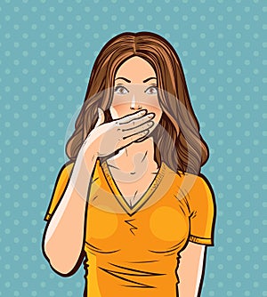 Beautiful girl with hand closed mouth. Pop art retro comic style. Cartoon vector illustration