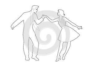 Beautiful girl and handsome man dancing rock, rockabilly, swing or lindy hop. Outlines vector illustration photo