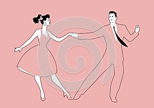 Beautiful girl and handsome man dancing rock, rockabilly, swing or lindy hop. Outlines vector illustration photo