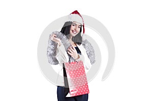 Beautiful girl hat santa gift celebration, young shopping