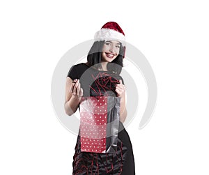 Beautiful girl hat santa shopping bags purchase holiday isolated