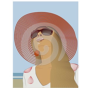 Beautiful girl in a hat and sunglasses looks into the sky by the ocean sea