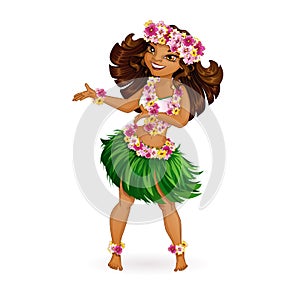 A beautiful girl in Hawaiian clothes dances Hula. Wreath and garland of flowers, a skirt of grass. photo