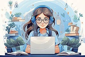 A beautiful girl with headphones works at the computer. Distance learning, courses, online learning, remote work, freelancer.Girl