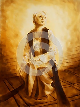 Beautiful girl in historic clothing surrounded by light, graphic from original painting.