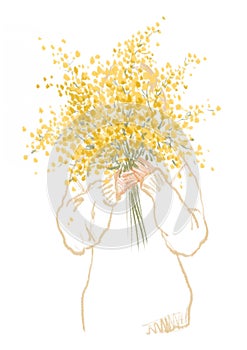 Beautiful girl holding a bouquet of yellow mimosa flowers in her hands.